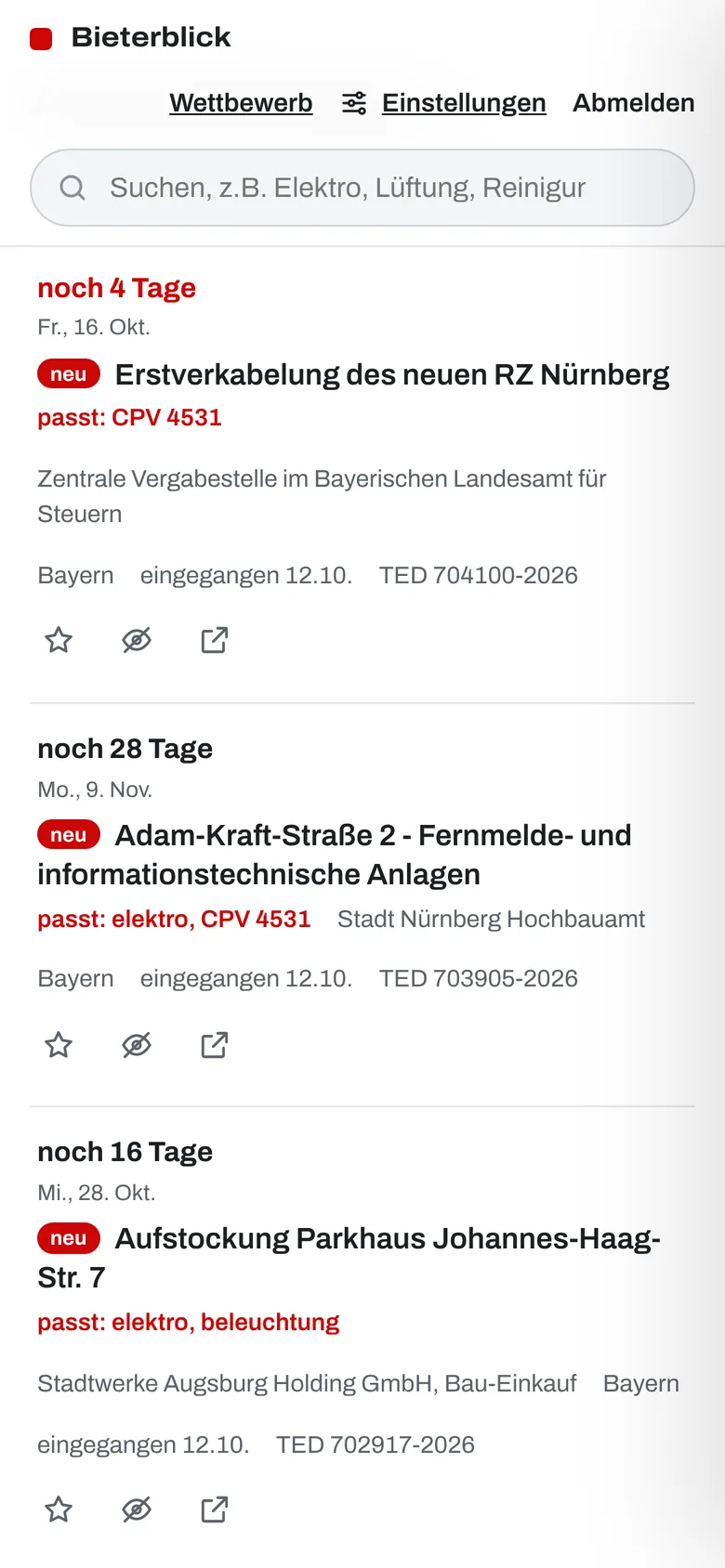 Bieterblick auf dem Handy mit der Trefferliste